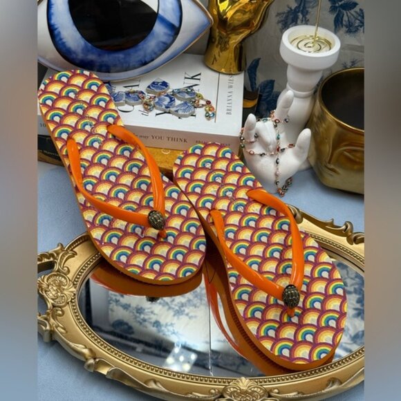 🆕 KURT GEIGER LONDON 🧿 NWOB Kensington Rainbow Flip Flops, Orange - Sz 37 US 7 - Picture 4 of 11